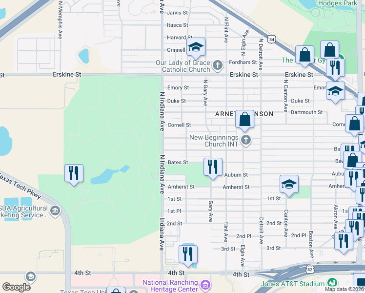 map of restaurants, bars, coffee shops, grocery stores, and more near 3304 Baylor Street in Lubbock