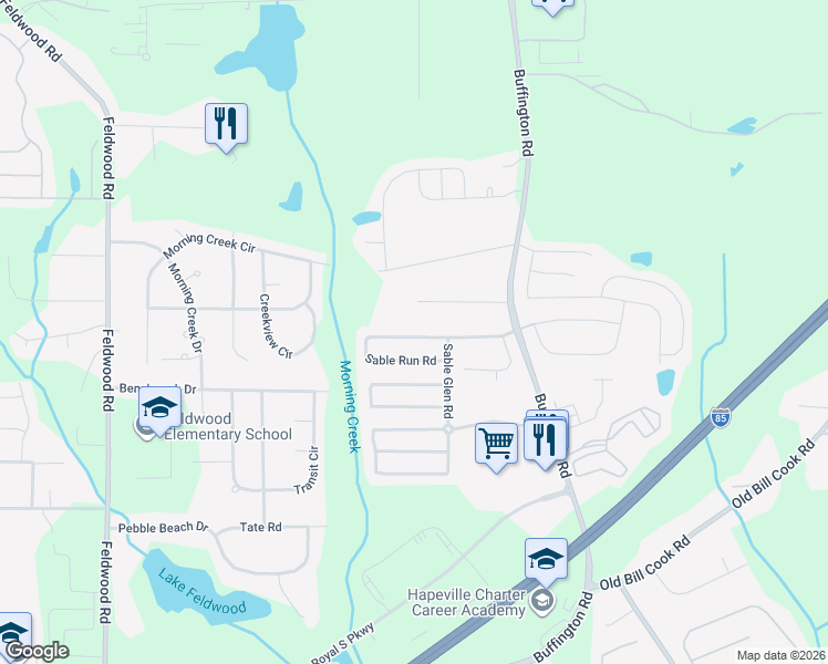 map of restaurants, bars, coffee shops, grocery stores, and more near 3035 Sable Run Road in Atlanta