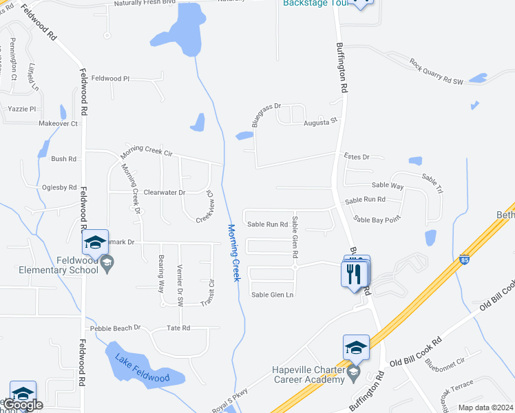 map of restaurants, bars, coffee shops, grocery stores, and more near 3045 Sable Run Road in Atlanta
