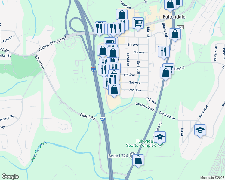 map of restaurants, bars, coffee shops, grocery stores, and more near 3489 Lowery Parkway in Fultondale