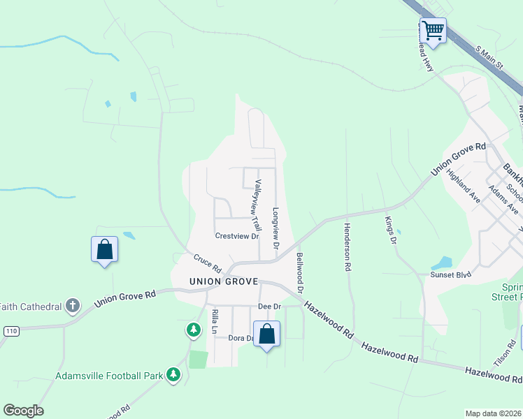 map of restaurants, bars, coffee shops, grocery stores, and more near 5605 Valleyview Trail in Adamsville