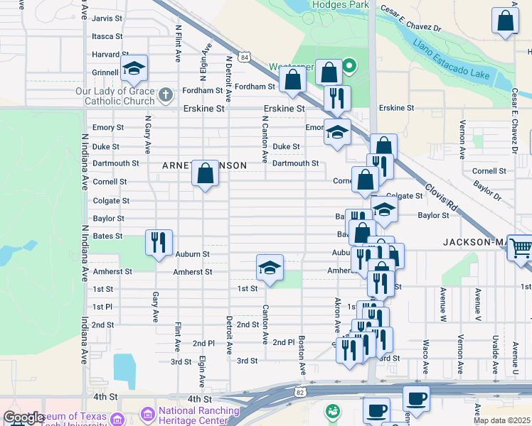 map of restaurants, bars, coffee shops, grocery stores, and more near 2802 Baylor Street in Lubbock