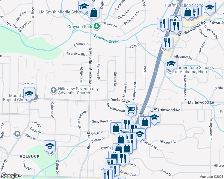 map of restaurants, bars, coffee shops, grocery stores, and more near 818 Sunset Drive in Birmingham