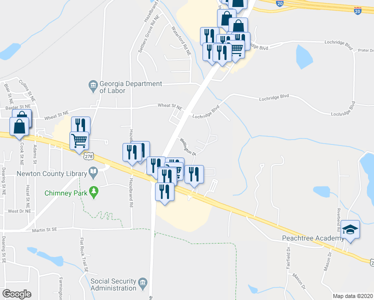 map of restaurants, bars, coffee shops, grocery stores, and more near 9146 Wellington Drive in Covington