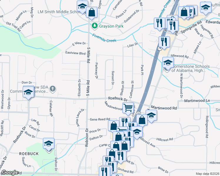 map of restaurants, bars, coffee shops, grocery stores, and more near 818 Sunset Drive in Birmingham