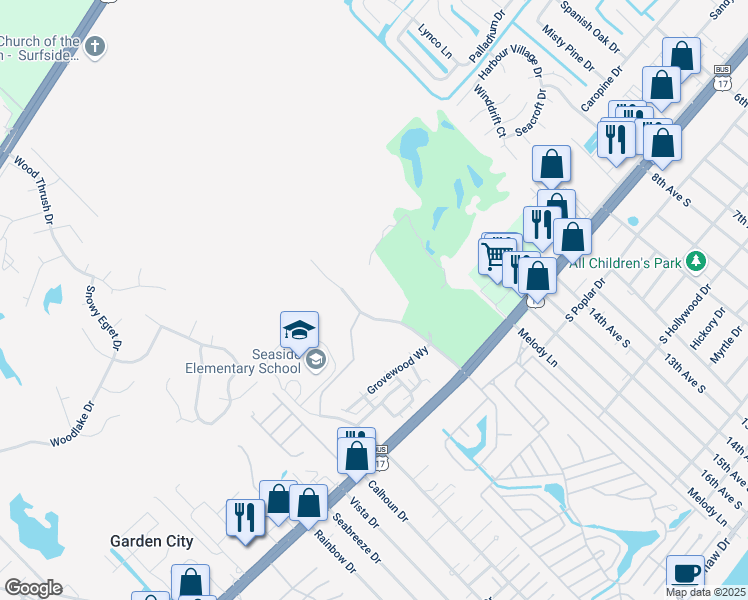map of restaurants, bars, coffee shops, grocery stores, and more near 1515 Louise Costin Lane in Murrells Inlet