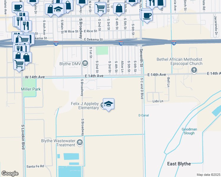 map of restaurants, bars, coffee shops, grocery stores, and more near 591 South 3rd Street in Blythe
