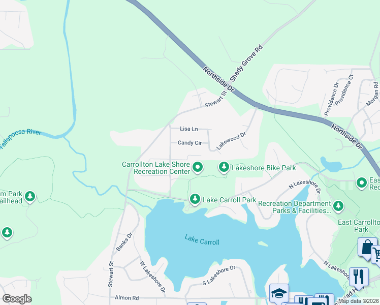 map of restaurants, bars, coffee shops, grocery stores, and more near 110 Kay Lane in Carrollton