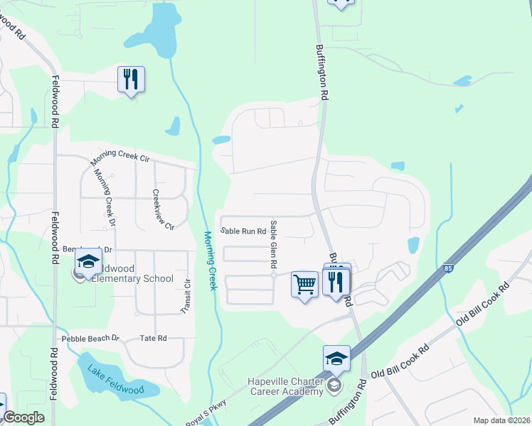 map of restaurants, bars, coffee shops, grocery stores, and more near 3021 Sable Run Road in Atlanta