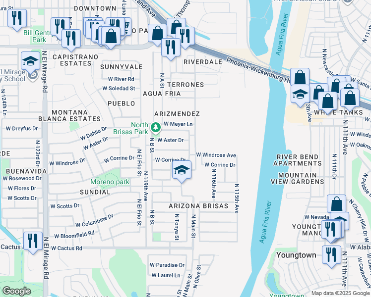 map of restaurants, bars, coffee shops, grocery stores, and more near 11768 West Windrose Avenue in El Mirage