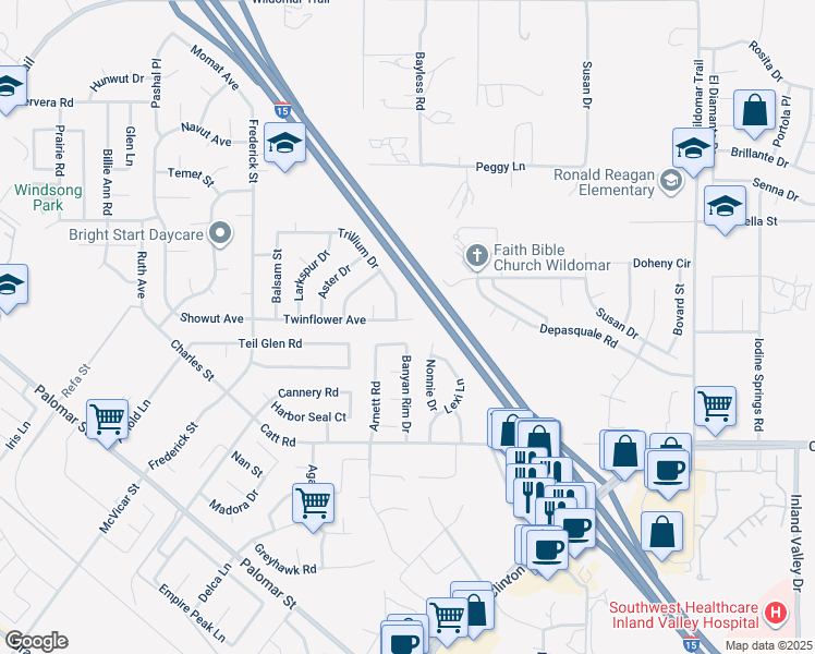 map of restaurants, bars, coffee shops, grocery stores, and more near 23325 Twinflower Avenue in Wildomar