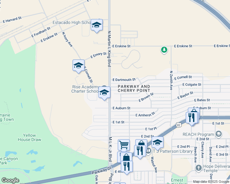 map of restaurants, bars, coffee shops, grocery stores, and more near 1711 East Colgate Street in Lubbock