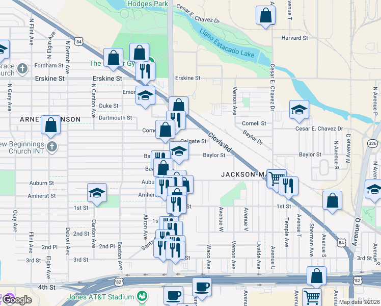map of restaurants, bars, coffee shops, grocery stores, and more near 2201-2499 Baylor Street in Lubbock