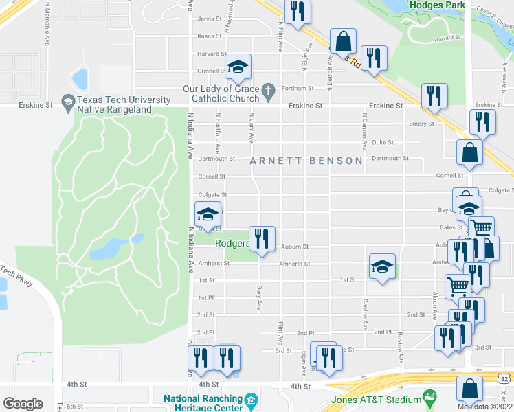 map of restaurants, bars, coffee shops, grocery stores, and more near 3110 Baylor Street in Lubbock