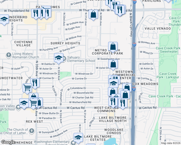 map of restaurants, bars, coffee shops, grocery stores, and more near 3056 West Windrose Drive in Phoenix