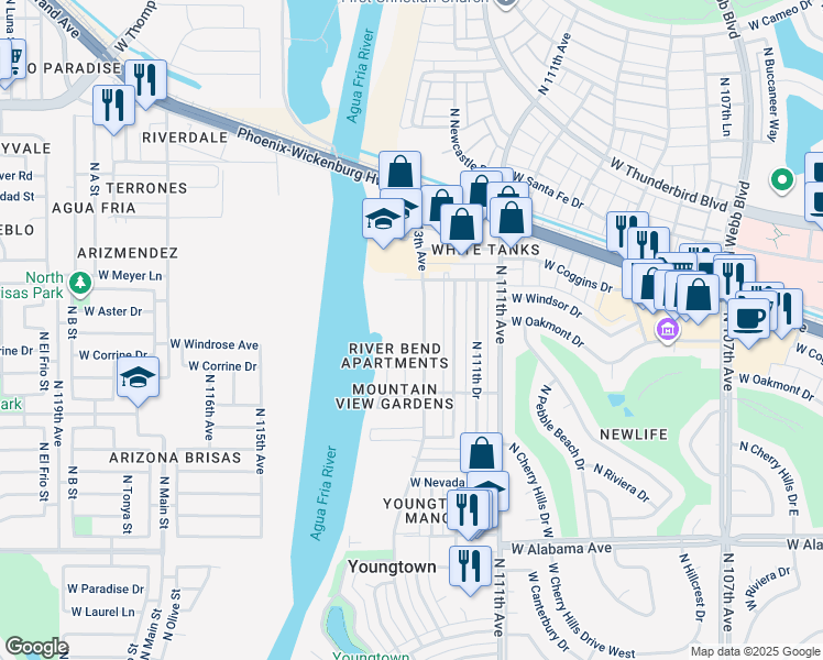 map of restaurants, bars, coffee shops, grocery stores, and more near 12828 North 113th Avenue in Youngtown