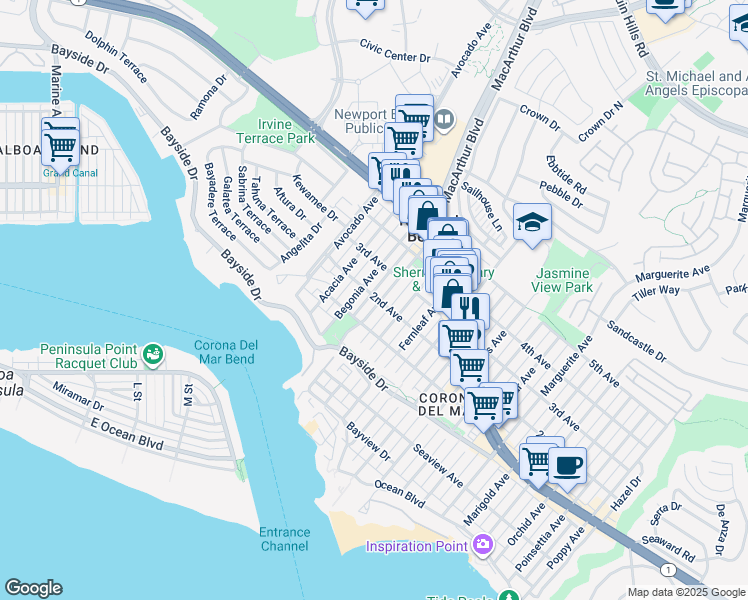 map of restaurants, bars, coffee shops, grocery stores, and more near 440 Carnation Avenue in Newport Beach