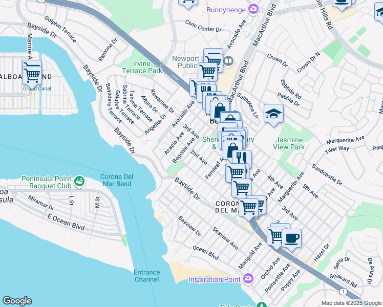 map of restaurants, bars, coffee shops, grocery stores, and more near 440 Carnation Avenue in Newport Beach