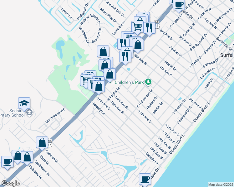 map of restaurants, bars, coffee shops, grocery stores, and more near 105 14th Avenue South in Myrtle Beach