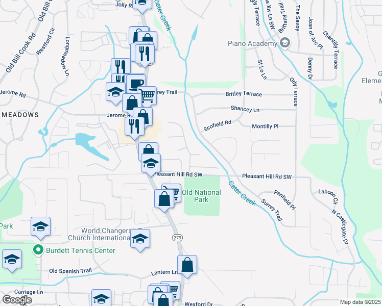 map of restaurants, bars, coffee shops, grocery stores, and more near 5200 Willow Park Boulevard in College Park