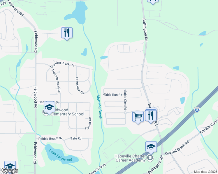 map of restaurants, bars, coffee shops, grocery stores, and more near 3045 Sable Run Road in Atlanta