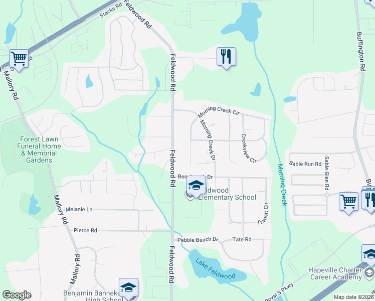 map of restaurants, bars, coffee shops, grocery stores, and more near 5635 Morning Creek Circle in Atlanta