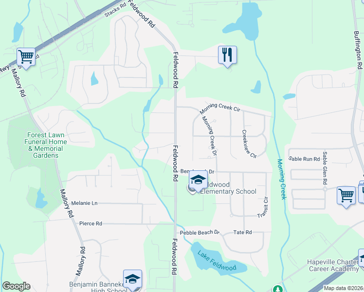 map of restaurants, bars, coffee shops, grocery stores, and more near 5635 Morning Creek Drive in College Park