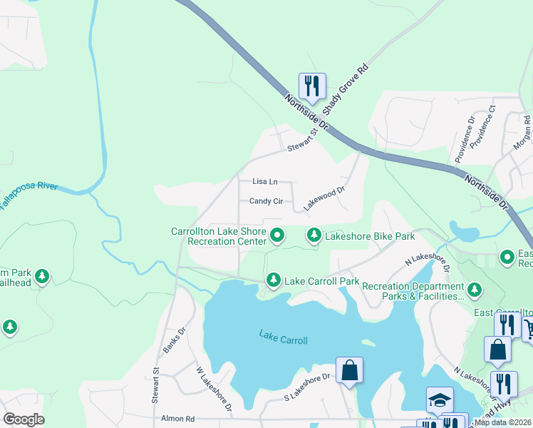 map of restaurants, bars, coffee shops, grocery stores, and more near 110 Kay Lane in Carrollton