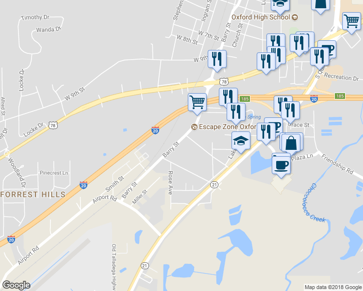 map of restaurants, bars, coffee shops, grocery stores, and more near 2009 Old Talladega Highway in Oxford