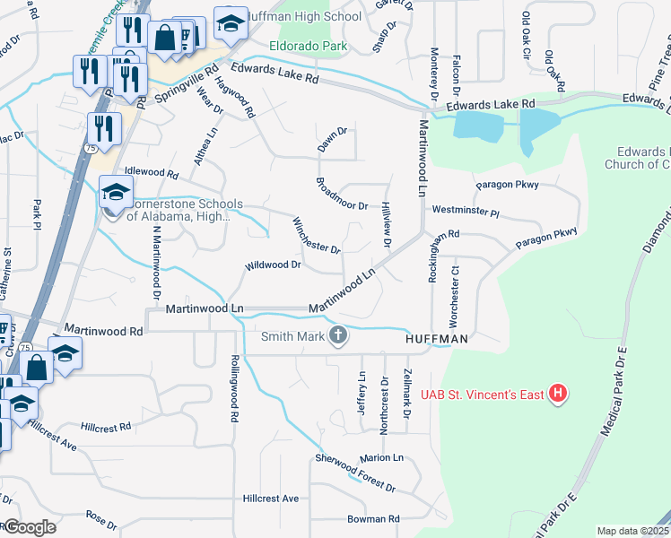 map of restaurants, bars, coffee shops, grocery stores, and more near 1036 Winchester Drive in Birmingham