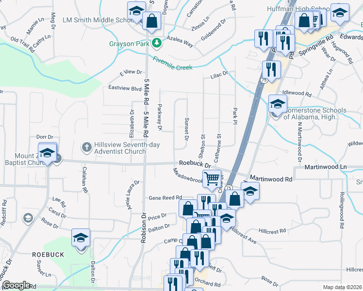 map of restaurants, bars, coffee shops, grocery stores, and more near 818 Sunset Drive in Birmingham