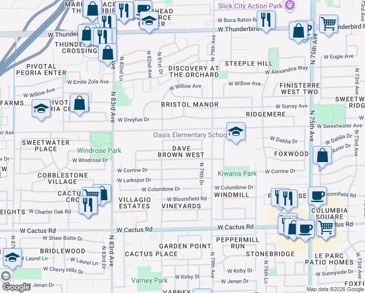 map of restaurants, bars, coffee shops, grocery stores, and more near 8008 West Aster Drive in Peoria