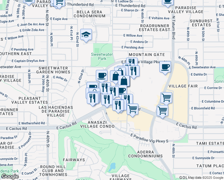 map of restaurants, bars, coffee shops, grocery stores, and more near 4510 East Cactus Road in Phoenix