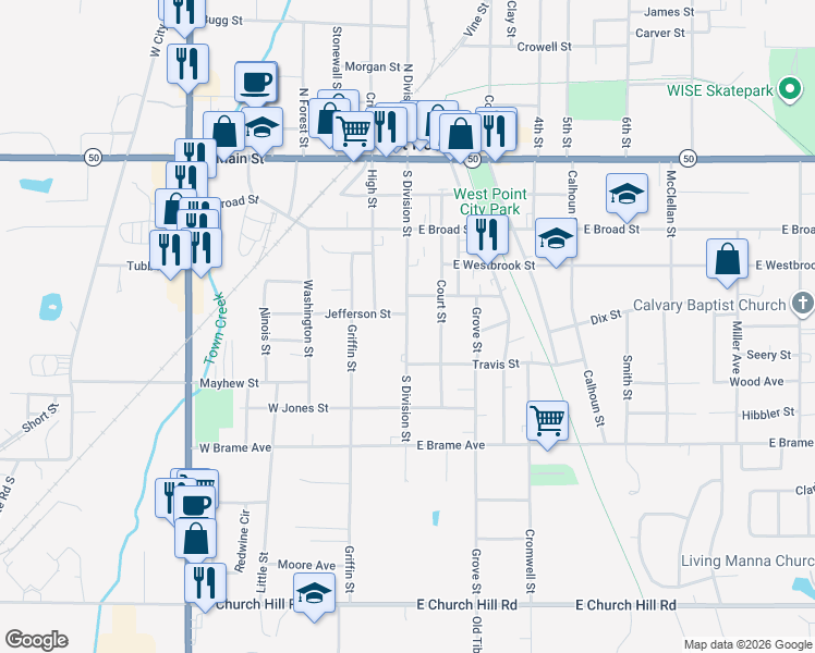 map of restaurants, bars, coffee shops, grocery stores, and more near 500-598 South Division Street in West Point
