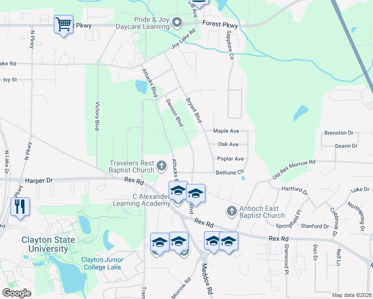 map of restaurants, bars, coffee shops, grocery stores, and more near 5625 Denson Boulevard in Morrow