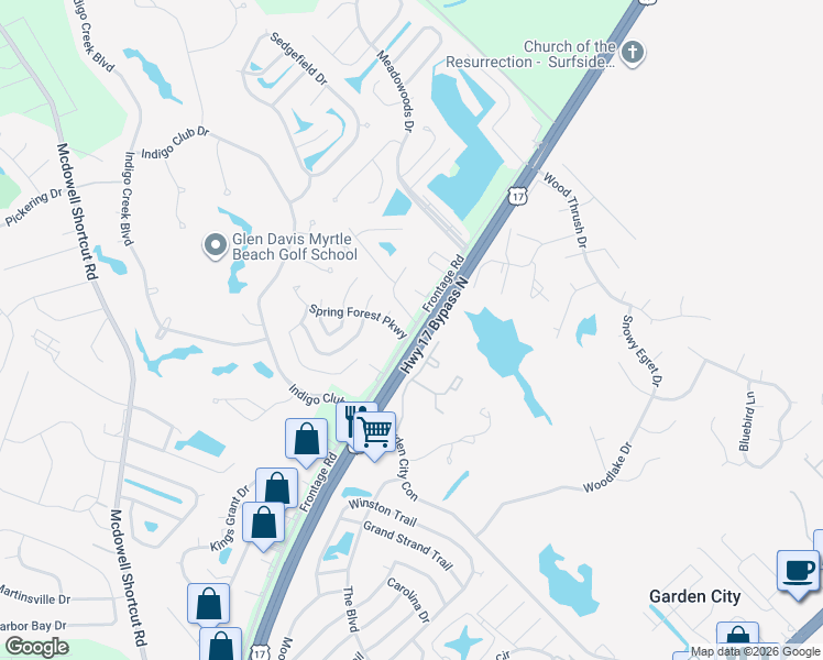 map of restaurants, bars, coffee shops, grocery stores, and more near 9356a Frontage Road in Murrells Inlet