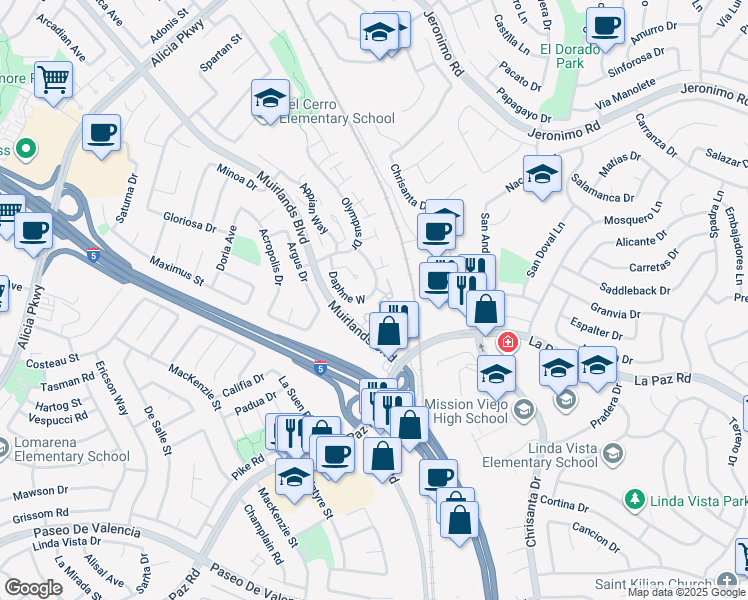 map of restaurants, bars, coffee shops, grocery stores, and more near 24841 Leto Circle in Mission Viejo