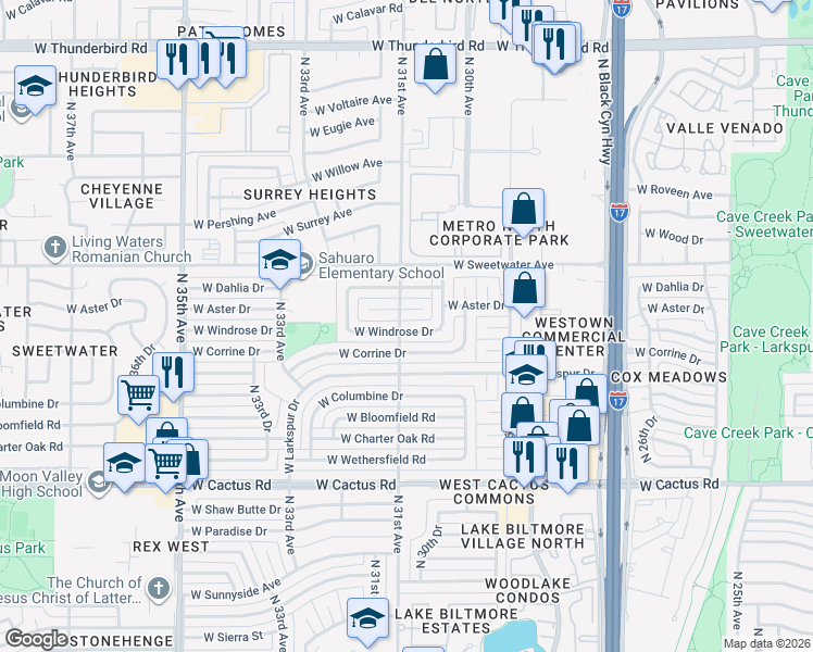 map of restaurants, bars, coffee shops, grocery stores, and more near 3056 West Windrose Drive in Phoenix