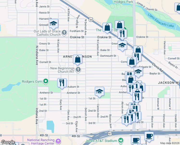 map of restaurants, bars, coffee shops, grocery stores, and more near 2820 Baylor Street in Lubbock