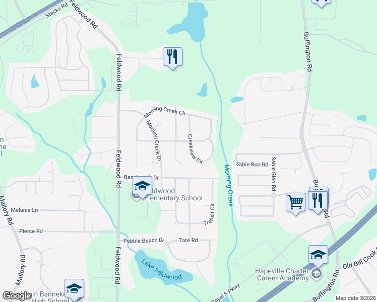 map of restaurants, bars, coffee shops, grocery stores, and more near 3750 Creekview Circle in College Park