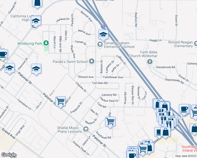 map of restaurants, bars, coffee shops, grocery stores, and more near 23035 Twinflower Avenue in Wildomar