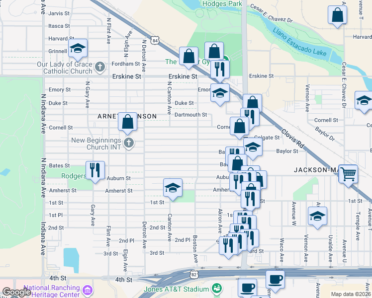map of restaurants, bars, coffee shops, grocery stores, and more near 2712 Baylor Street in Lubbock