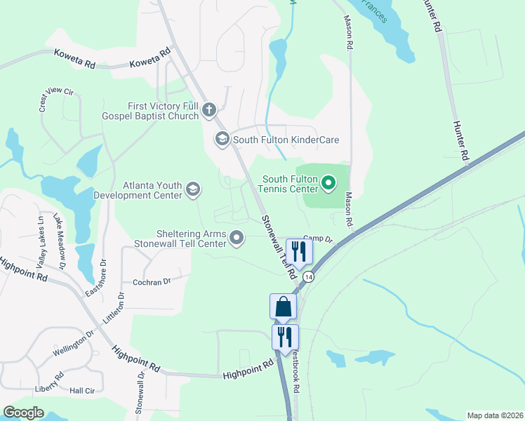 map of restaurants, bars, coffee shops, grocery stores, and more near 5600 Stonewall Tell Road in College Park