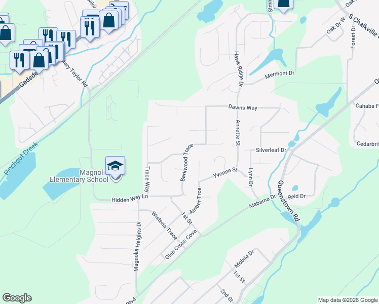 map of restaurants, bars, coffee shops, grocery stores, and more near 3257 Barkwood Trace in Trussville