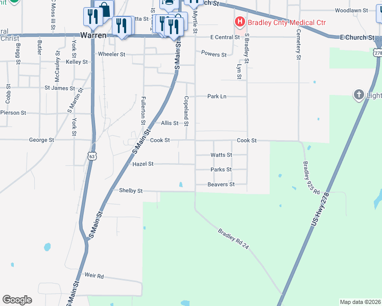 map of restaurants, bars, coffee shops, grocery stores, and more near 1019 Brown Street in Warren