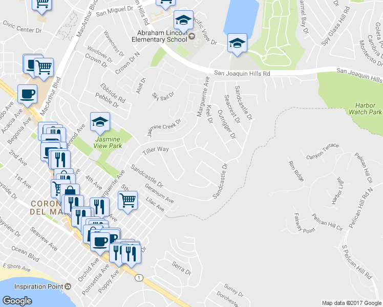 map of restaurants, bars, coffee shops, grocery stores, and more near 3601 Park Green Drive in Newport Beach