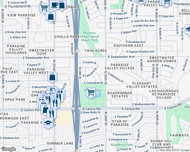 map of restaurants, bars, coffee shops, grocery stores, and more near 12627 North 35th Street in Phoenix