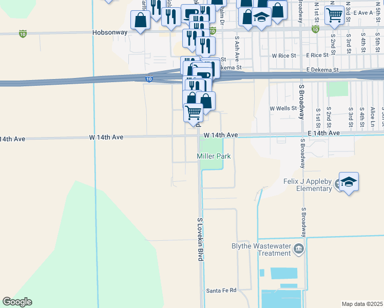 map of restaurants, bars, coffee shops, grocery stores, and more near 559 South Lovekin Boulevard in Blythe