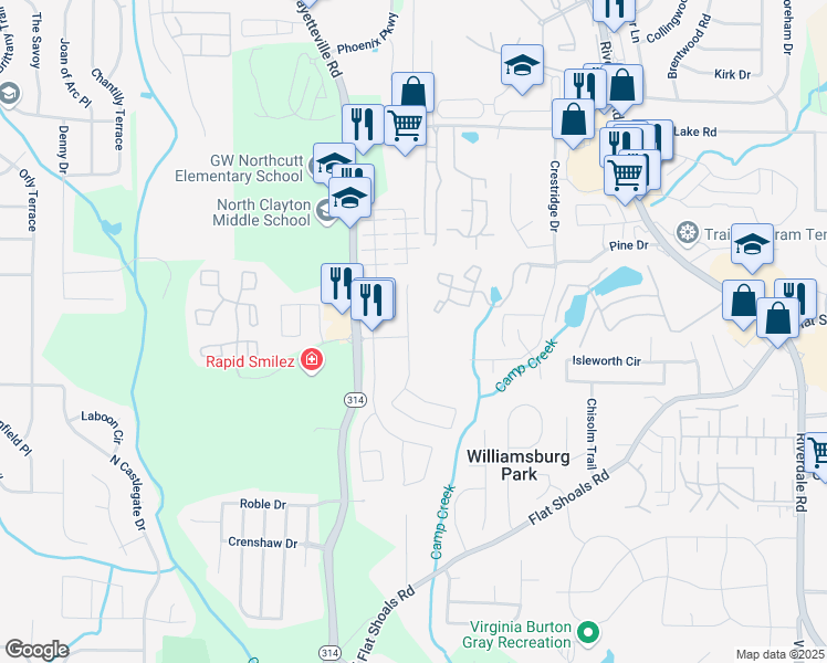 map of restaurants, bars, coffee shops, grocery stores, and more near 5632 Savannah River Road in Atlanta