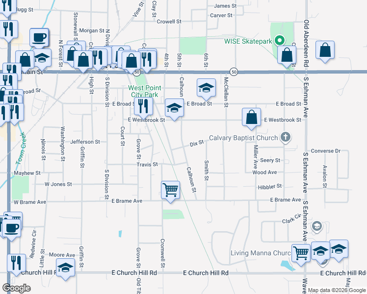 map of restaurants, bars, coffee shops, grocery stores, and more near 700 Dix Street in West Point